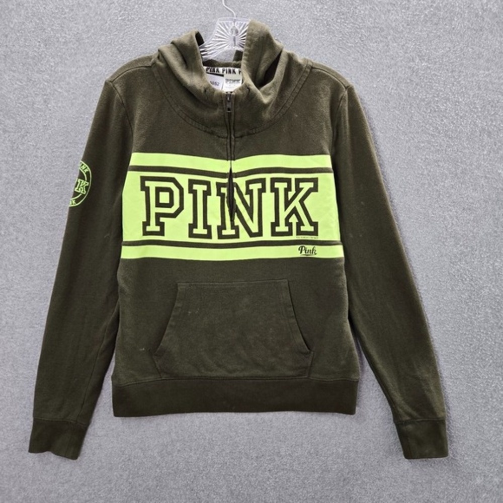 Pink Victorias Secret Women Sweatshirt Medium Green Hoodie 1/4 Zip Logo Campus